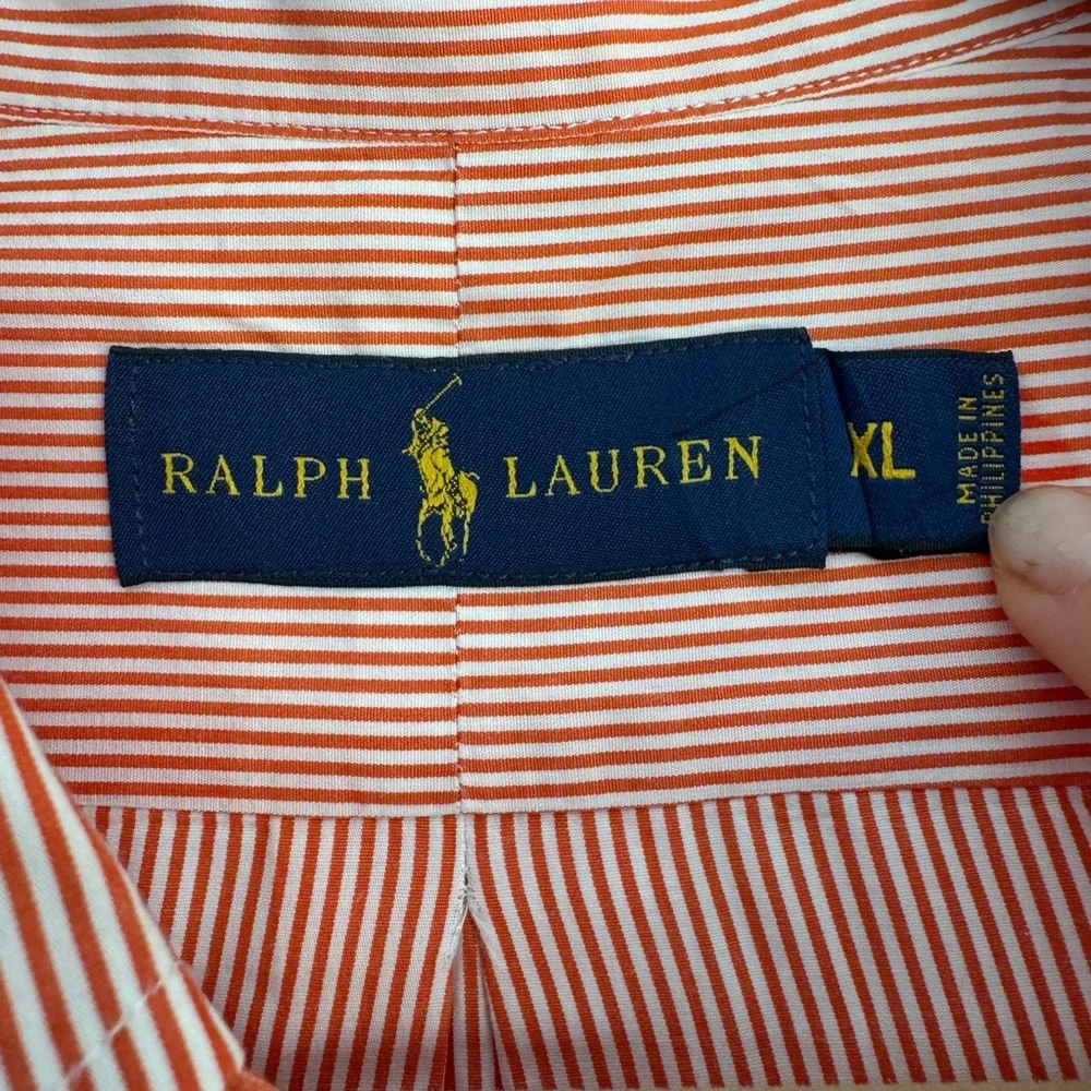Ralph Lauren Pinstripe Button Down Shirt Orange White Classic Fit Preppy Work XL - Picture 3 of 5